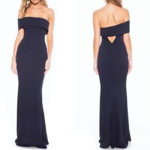 NWT Katie May Titan One-Shoulder Cutout Crepe Gown Dress in Navy Blue Size 10